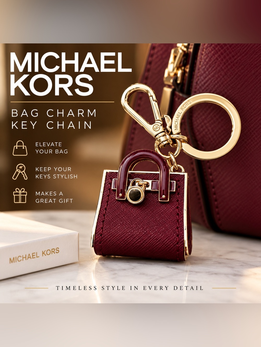 MICHAEL KORS Keychain - Bag Charm in Burgundy with gold hardware. Mini Bag.